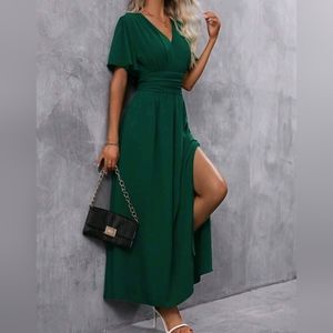 NEW Chic Ruched Waist Flutter Sleeve Maxi Dress Dark Green